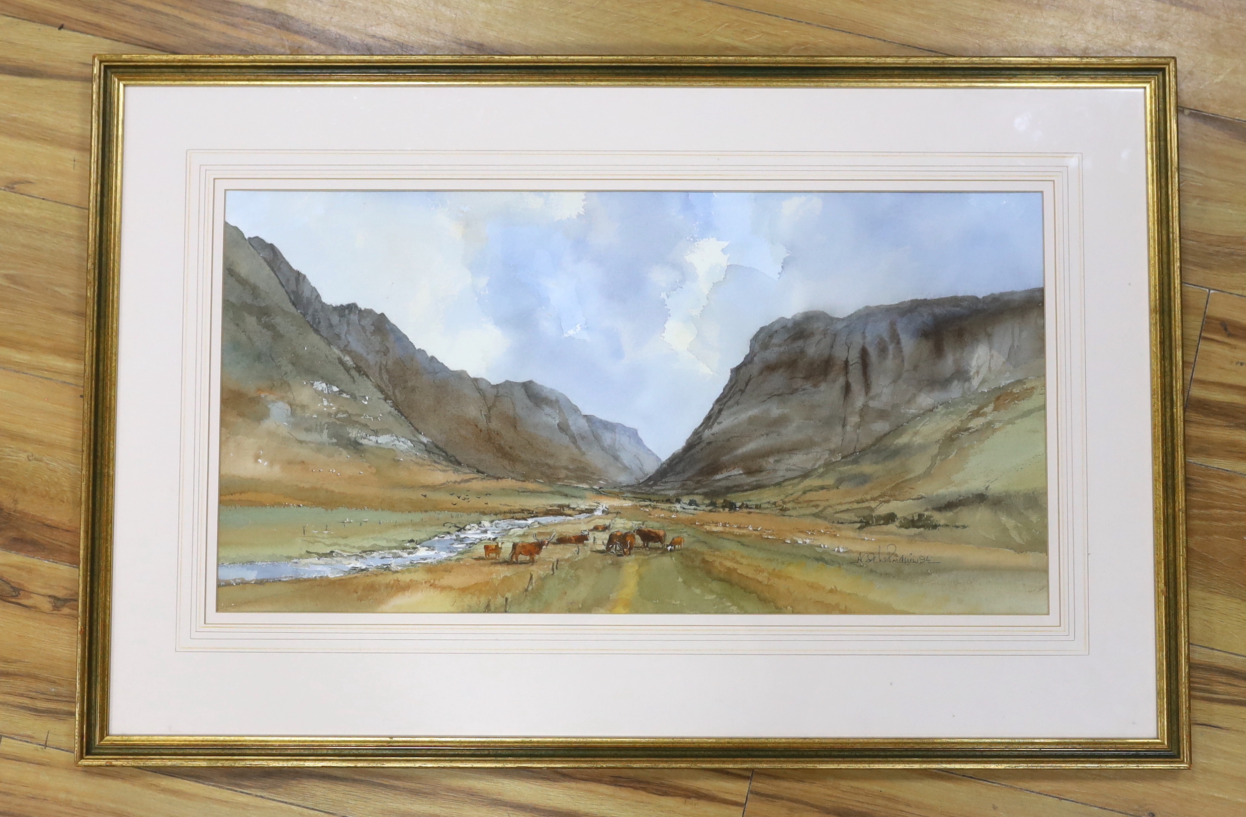 Andy Le Poidevin (20th.C), watercolour, 'Glen Coe, Scotland', signed, 38 x 73cm